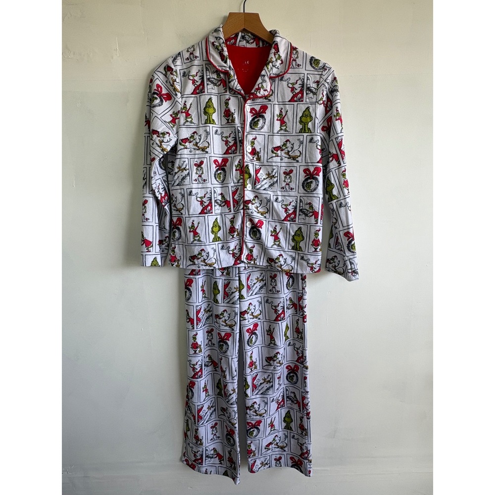 Dr Seuss The Grinch Kids Pajama Set L 10/12 White Red Fleece Christmas Sleepwear